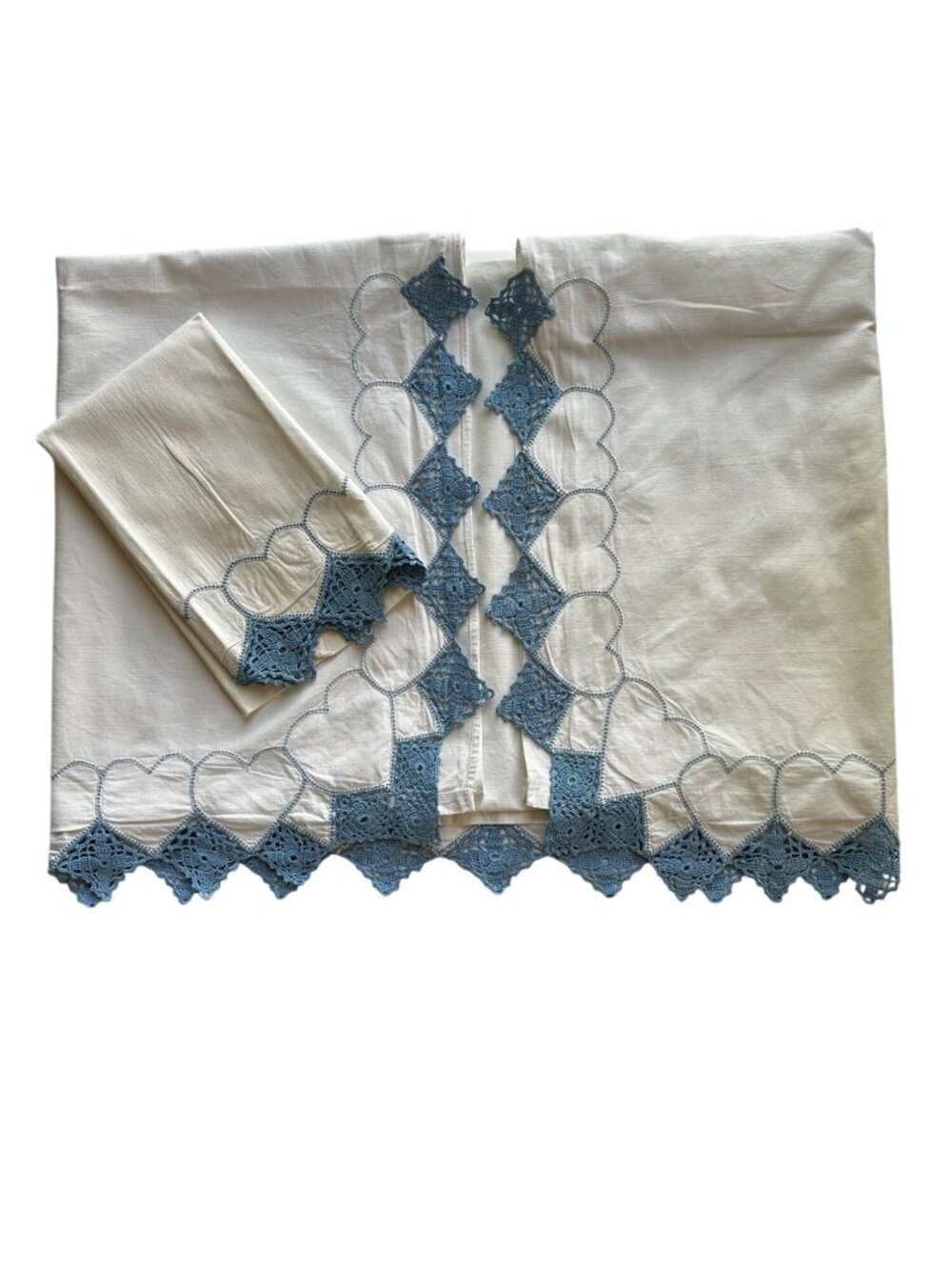 Vintage Handmade Blue Crochet Trim Child Bed Sheet / Pillowcase Cottagecore Set